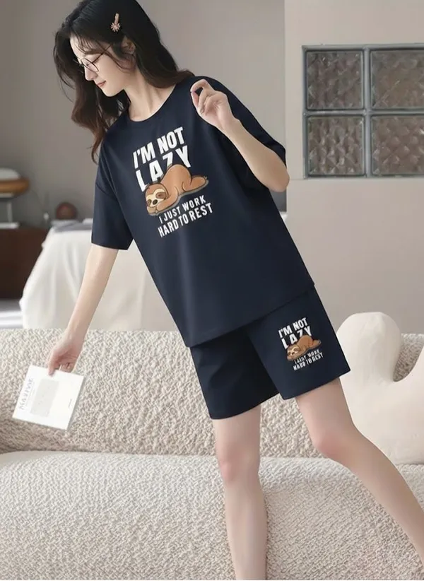 Im_Not_Lazy_Sloth_Print_Black_Cotton_Pajama_Set_-_Womens_Comfortable_Sleepwear