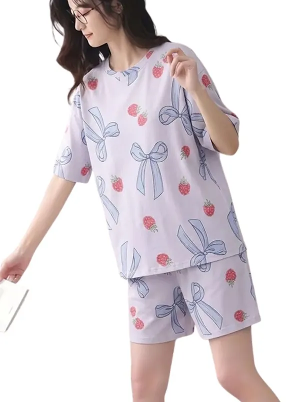 Womens_Strawberry_And_Bow_Print_Pajama_Set_-_Lavender