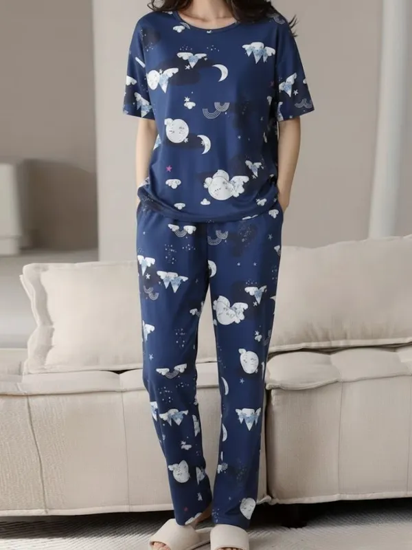 Womens_Navy_Blue_Cloud_&_Moon_Print_Cotton_Pajama_Set_-_Comfortable_Sleepwear