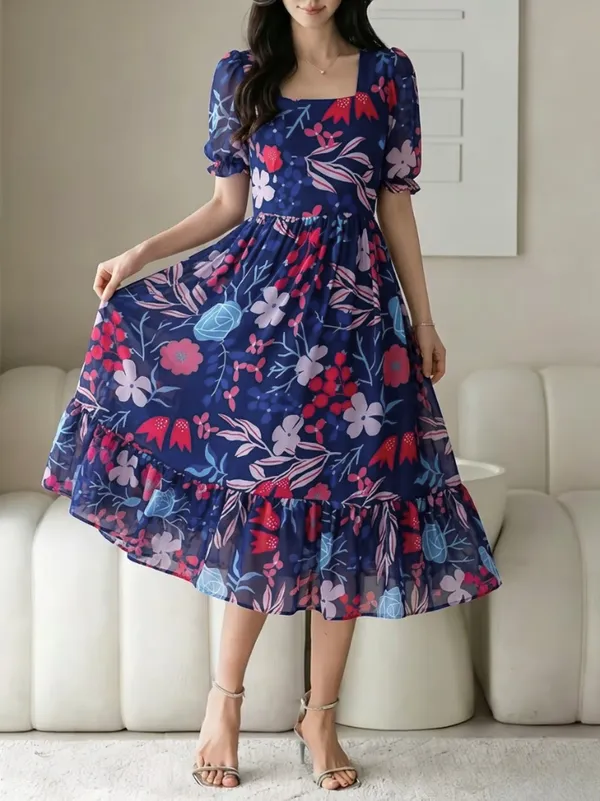 Navy_Blue_Floral_Print_Square_Neck_Puff_Sleeve_Midi_Dress_For_Women