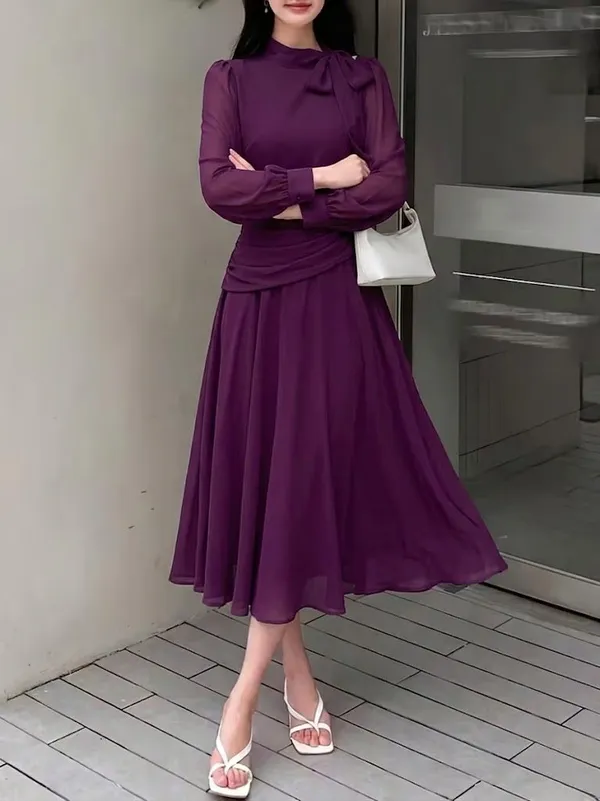 Purple_Chiffon_Midi_Dress_With_Bow_Neck_And_Ruched_Waist