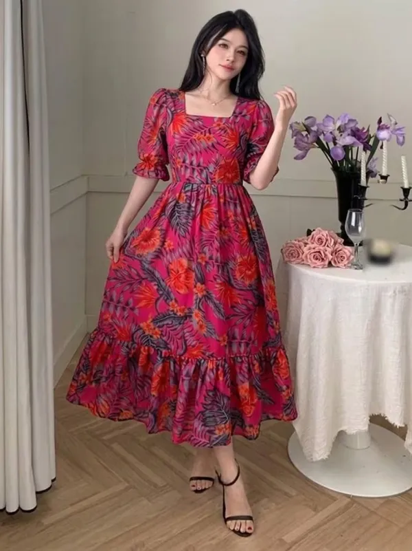 Vibrant_Floral_Print_Puff_Sleeve_Midi_Dress_For_Women