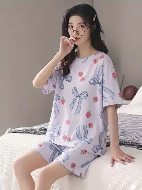 Womens_Strawberry_And_Bow_Print_Pajama_Set_-_Lavender