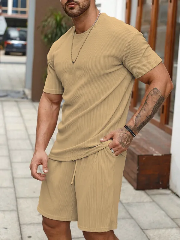 Mens_Beige_Ribbed_Knit_Co-Ord_Set_-_Short_Sleeve_T-Shirt_&_Shorts