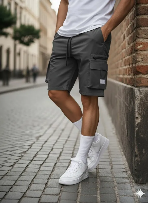Mens_Dark_Grey_Cargo_Shorts_With_Drawstring_And_Utility_Pockets