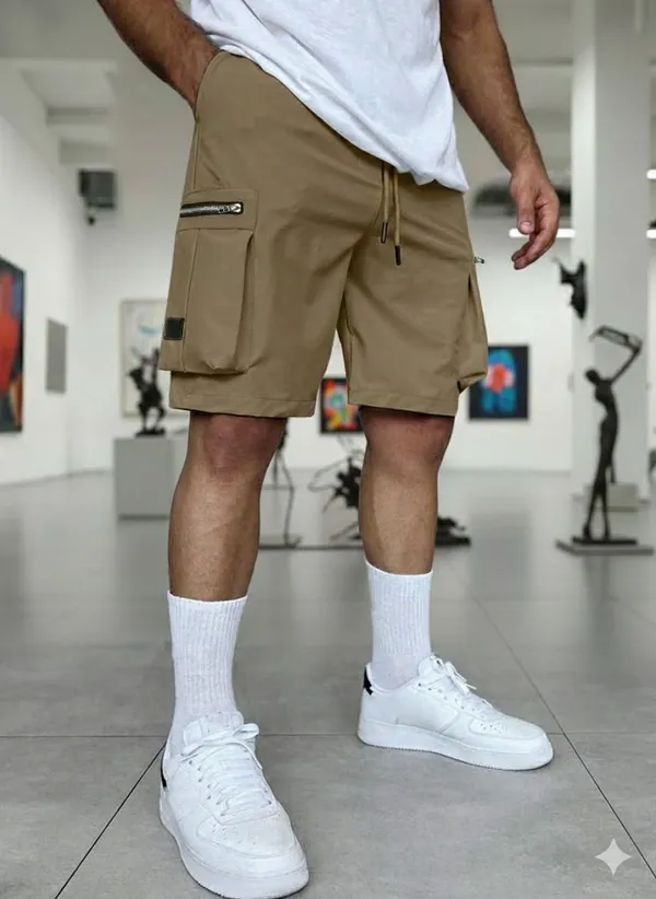 Mens_Khaki_Cargo_Shorts_With_Zipper_Pockets_And_Drawstring