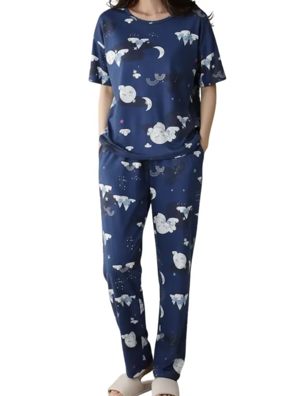 Womens_Navy_Blue_Cloud_&_Moon_Print_Cotton_Pajama_Set_-_Comfortable_Sleepwear