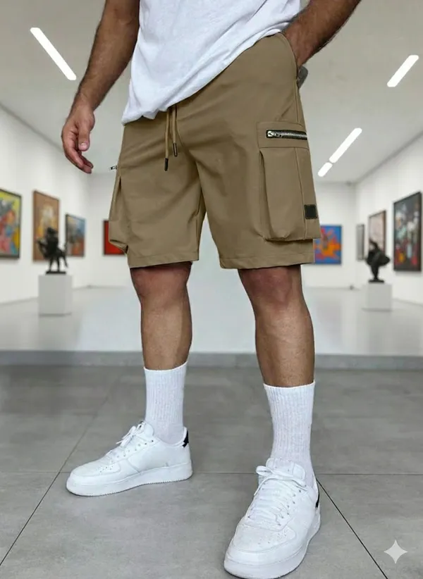 Mens_Khaki_Cargo_Shorts_With_Zipper_Pockets_And_Drawstring