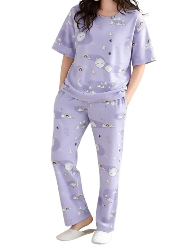 Womens_Lavender_Moon_&_Stars_Print_Cotton_Pajama_Set