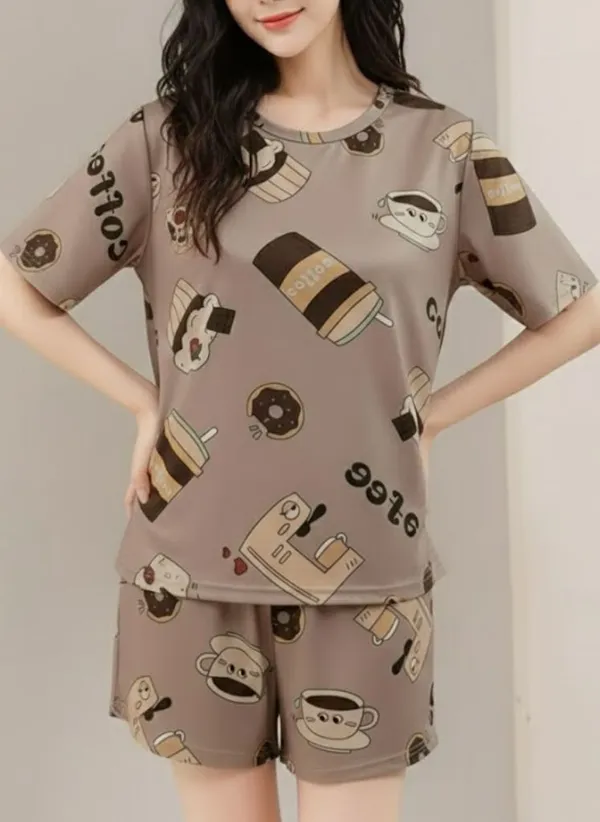 Womens_Coffee_Print_Pajama_Set_-_Short_Sleeve_Top_&_Shorts