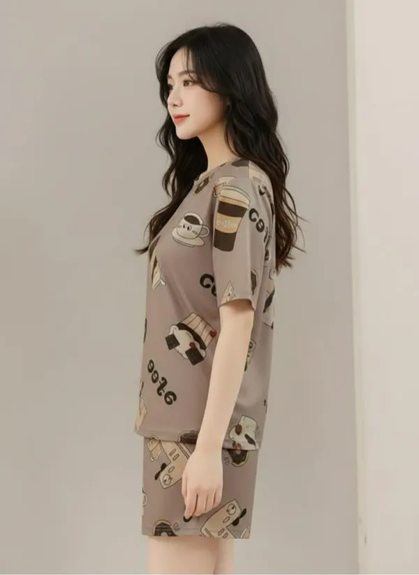 Womens_Coffee_Print_Pajama_Set_-_Short_Sleeve_Top_&_Shorts