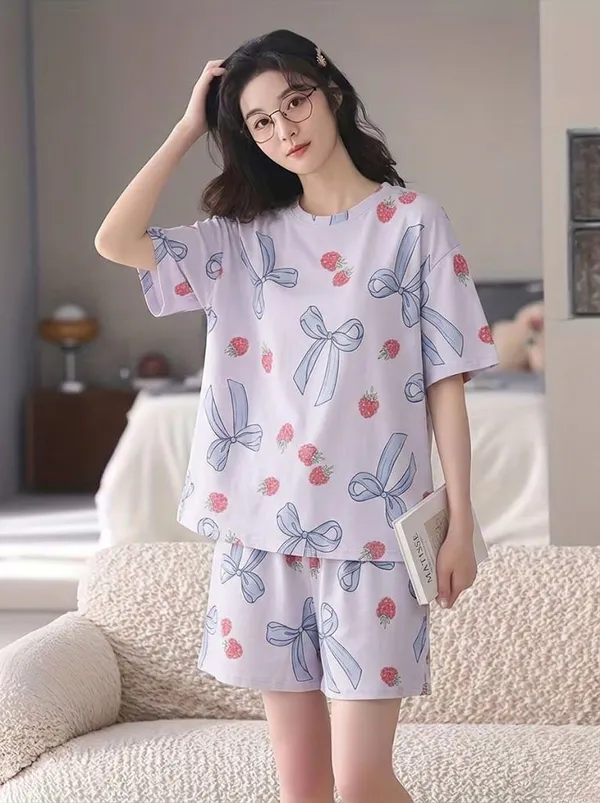 Womens_Strawberry_And_Bow_Print_Pajama_Set_-_Lavender