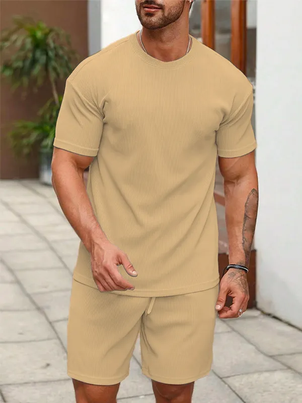 Mens_Beige_Ribbed_Knit_Co-Ord_Set_-_Short_Sleeve_T-Shirt_&_Shorts