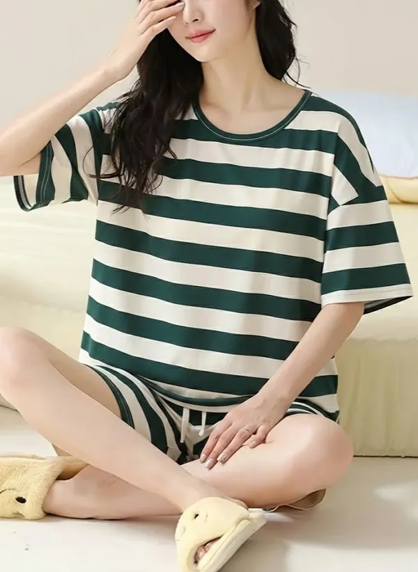Green_And_Beige_Striped_Cotton_Loungewear_Set_For_Women
