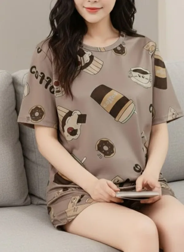 Womens_Coffee_Print_Pajama_Set_-_Short_Sleeve_Top_&_Shorts