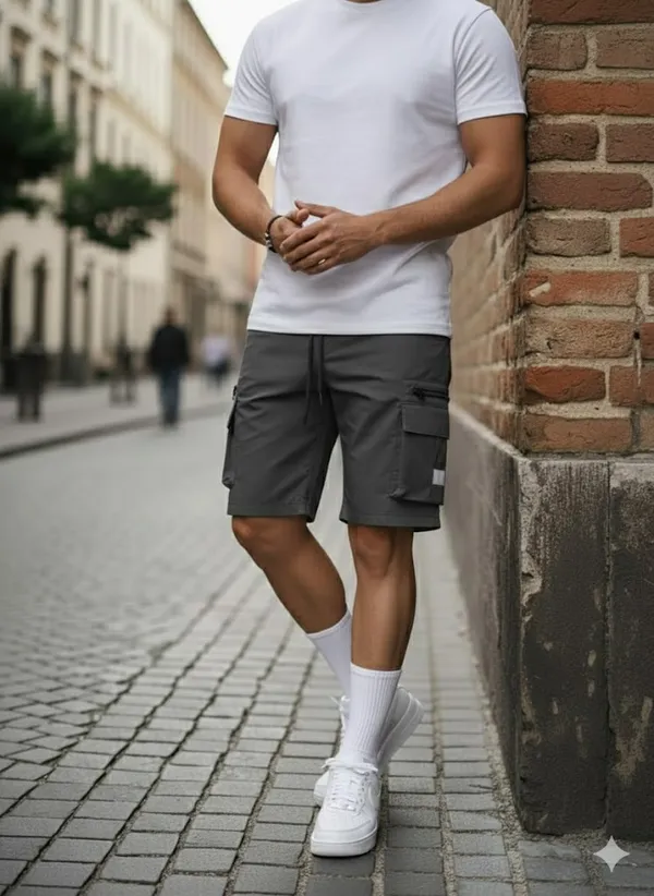 Mens_Dark_Grey_Cargo_Shorts_With_Drawstring_And_Utility_Pockets