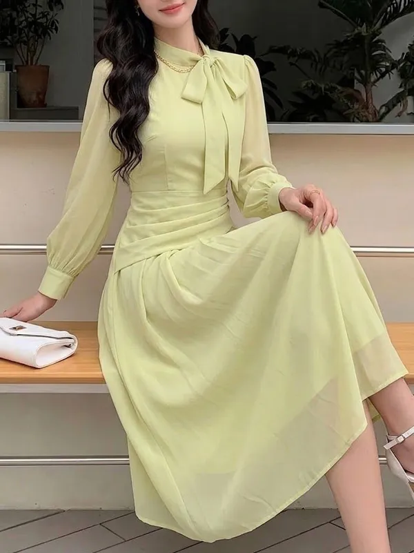 Womens_Yellow_Long_Sleeve_Dress_With_Bow_Neck_Detail
