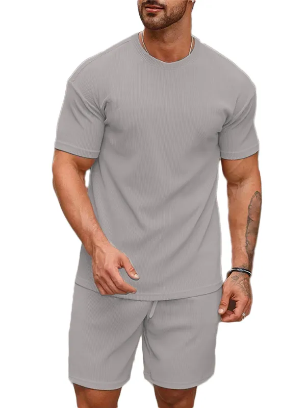 Mens_Grey_Ribbed_Cotton_Co-Ord_Set_-_Short_Sleeve_T-Shirt_And_Shorts