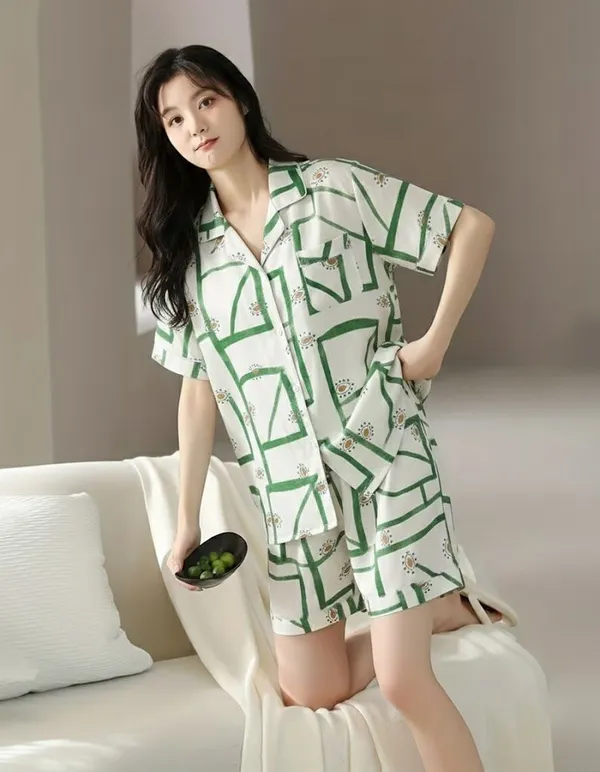 Green_Geometric_Print_Short_Sleeve_Pajama_Set_For_Women