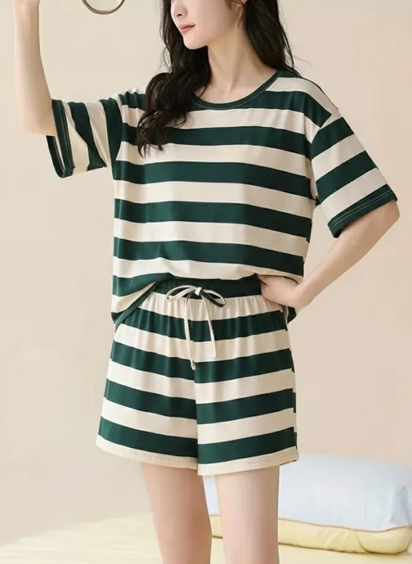 Green_And_Beige_Striped_Cotton_Loungewear_Set_For_Women