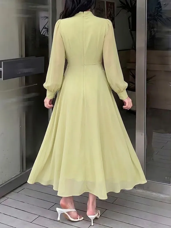 Womens_Yellow_Long_Sleeve_Dress_With_Bow_Neck_Detail