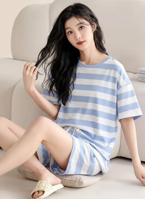 Blue_And_White_Striped_Cotton_Pajama_Set_For_Women