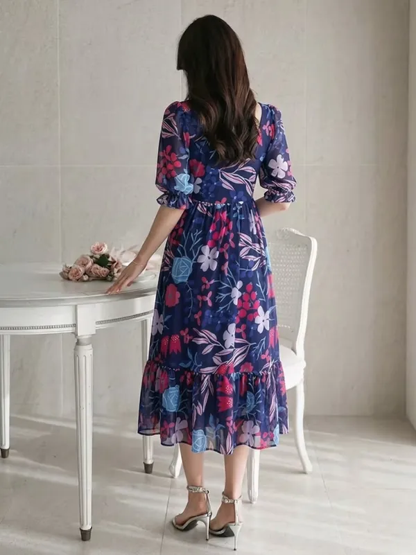 Navy_Blue_Floral_Print_Square_Neck_Puff_Sleeve_Midi_Dress_For_Women