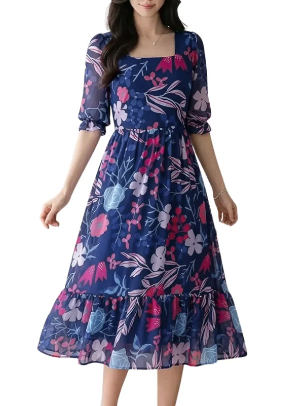 Navy_Blue_Floral_Print_Square_Neck_Puff_Sleeve_Midi_Dress_For_Women