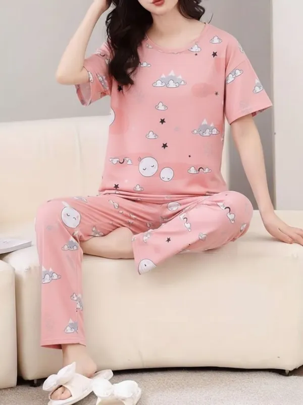 Womens_Pink_Cloud_&_Moon_Print_Pajama_Set_-_Comfortable_Cotton_Sleepwear