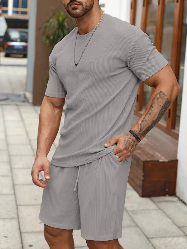 Mens_Grey_Ribbed_Cotton_Co-Ord_Set_-_Short_Sleeve_T-Shirt_And_Shorts