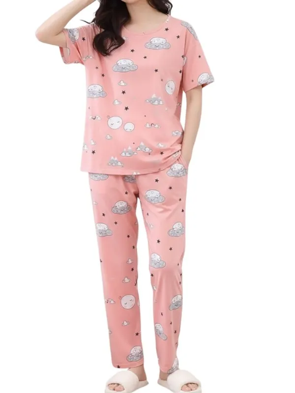 Womens_Pink_Cloud_&_Moon_Print_Pajama_Set_-_Comfortable_Cotton_Sleepwear