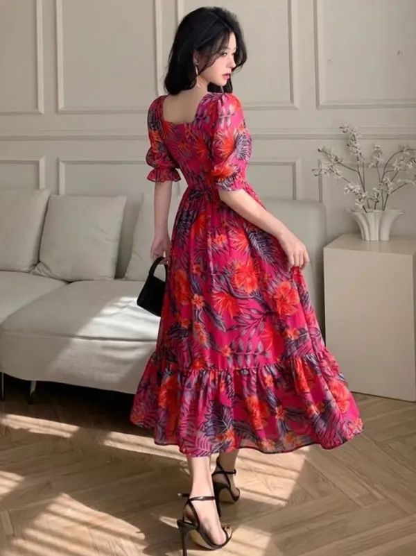 Vibrant_Floral_Print_Puff_Sleeve_Midi_Dress_For_Women