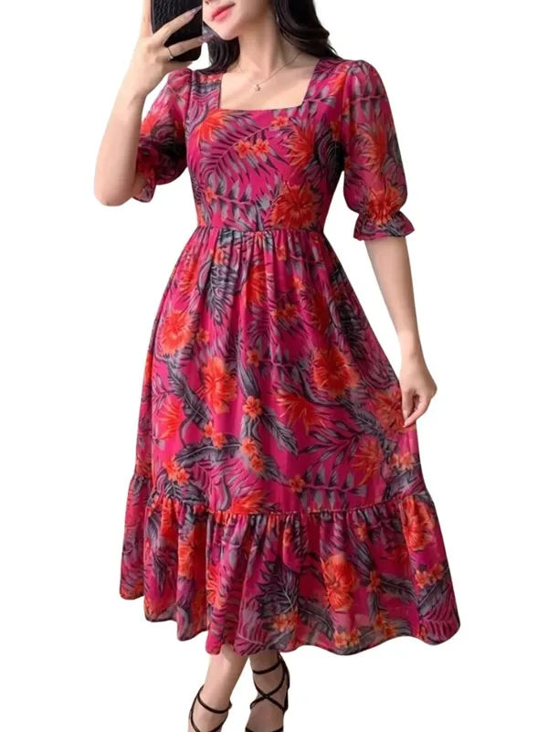 Vibrant_Floral_Print_Puff_Sleeve_Midi_Dress_For_Women
