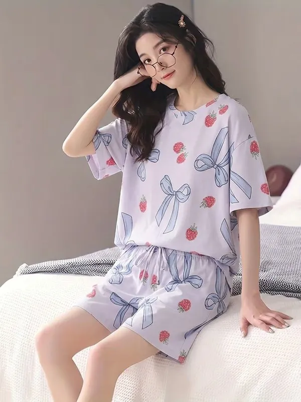 Womens_Strawberry_And_Bow_Print_Pajama_Set_-_Lavender