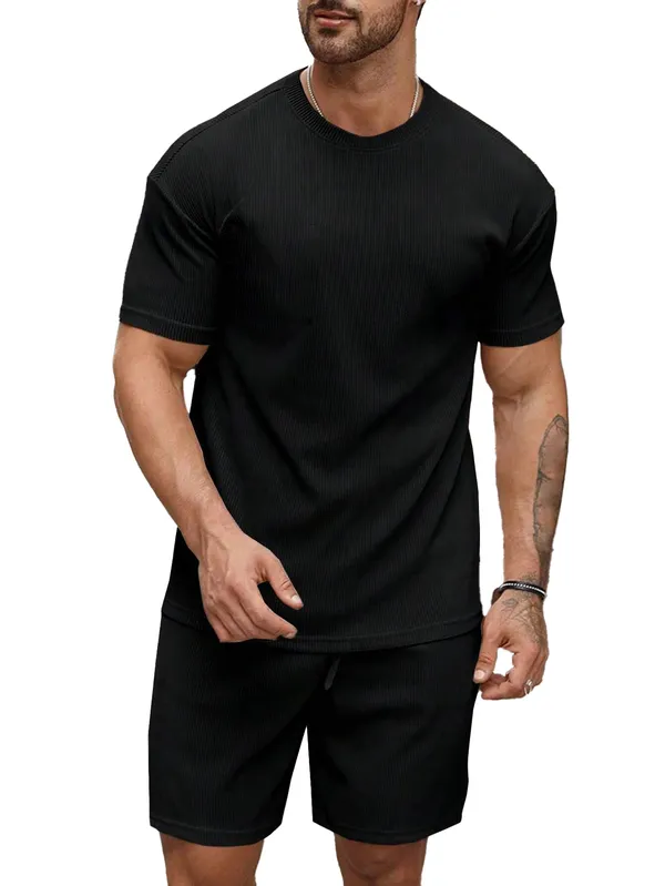 Mens_Ribbed_Black_T-Shirt_And_Shorts_Co-Ord_Set