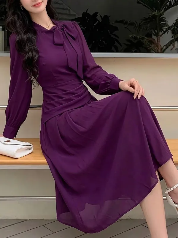 Purple_Chiffon_Midi_Dress_With_Bow_Neck_And_Ruched_Waist