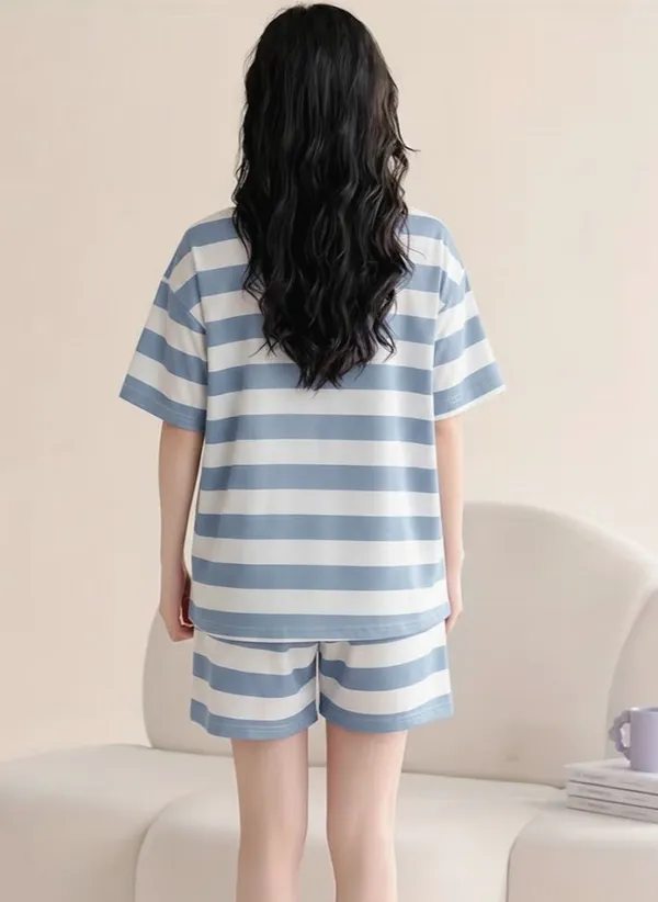 Blue_And_White_Striped_Cotton_Pajama_Set_For_Women