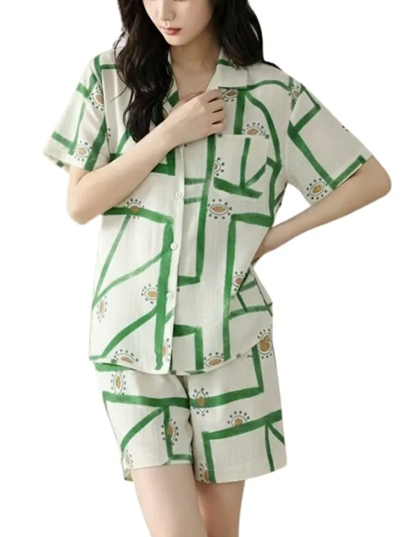 Green_Geometric_Print_Short_Sleeve_Pajama_Set_For_Women