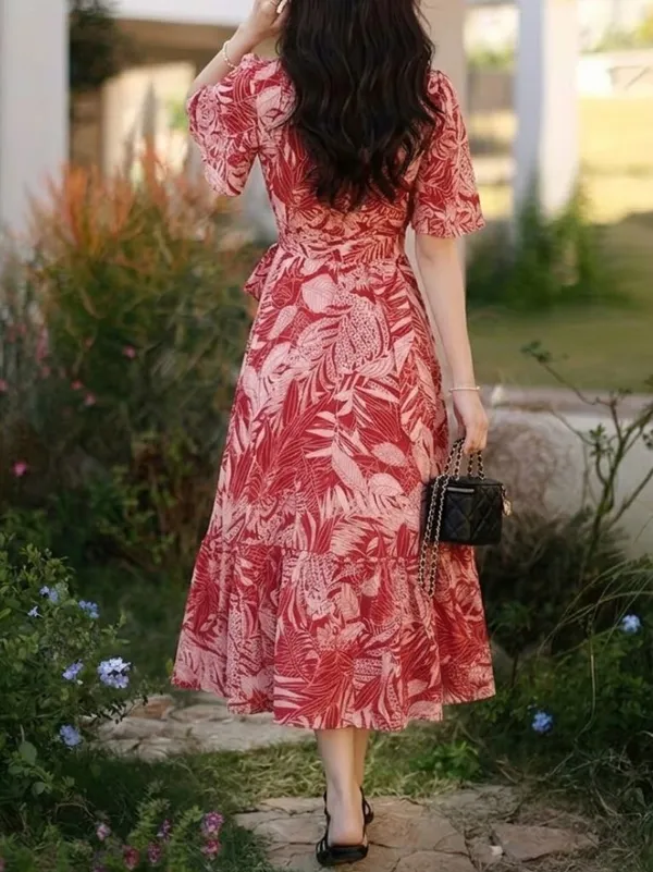 Red_Tropical_Print_Wrap_Dress_With_Ruffled_Sleeves