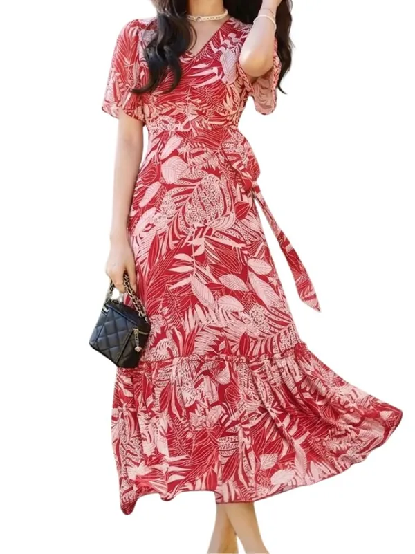 Red_Tropical_Print_Wrap_Dress_With_Ruffled_Sleeves