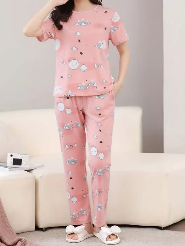 Womens_Pink_Cloud_&_Moon_Print_Pajama_Set_-_Comfortable_Cotton_Sleepwear