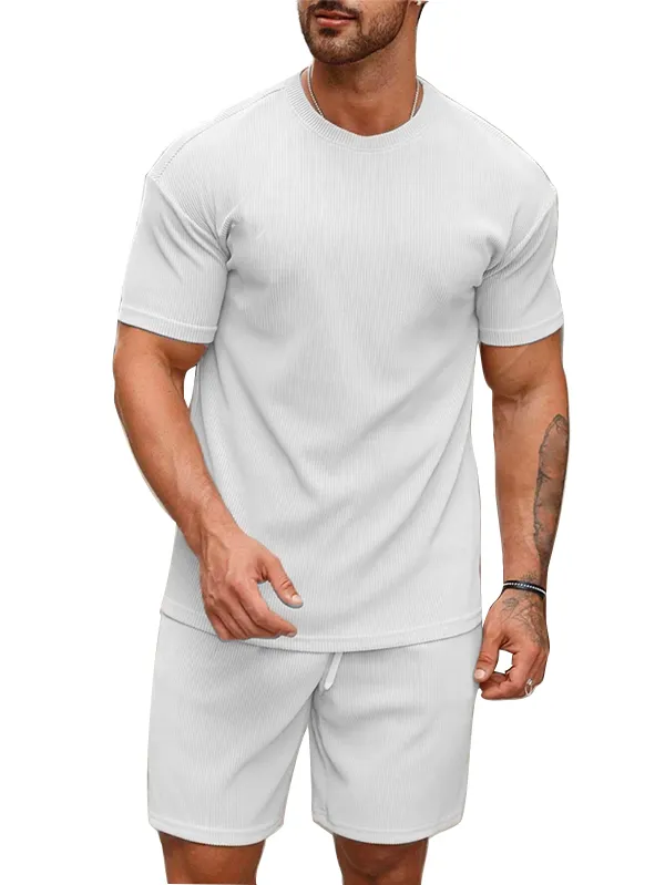 Mens_White_Ribbed_Cotton_T-Shirt_And_Shorts_Co-Ord_Set