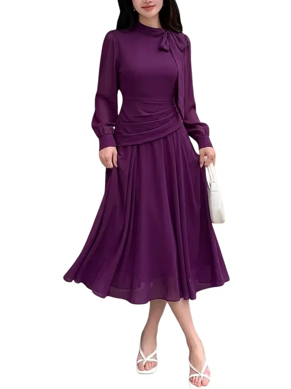 Purple_Chiffon_Midi_Dress_With_Bow_Neck_And_Ruched_Waist
