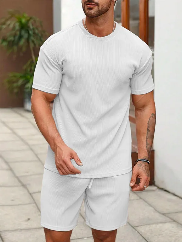 Mens_White_Ribbed_Cotton_T-Shirt_And_Shorts_Co-Ord_Set