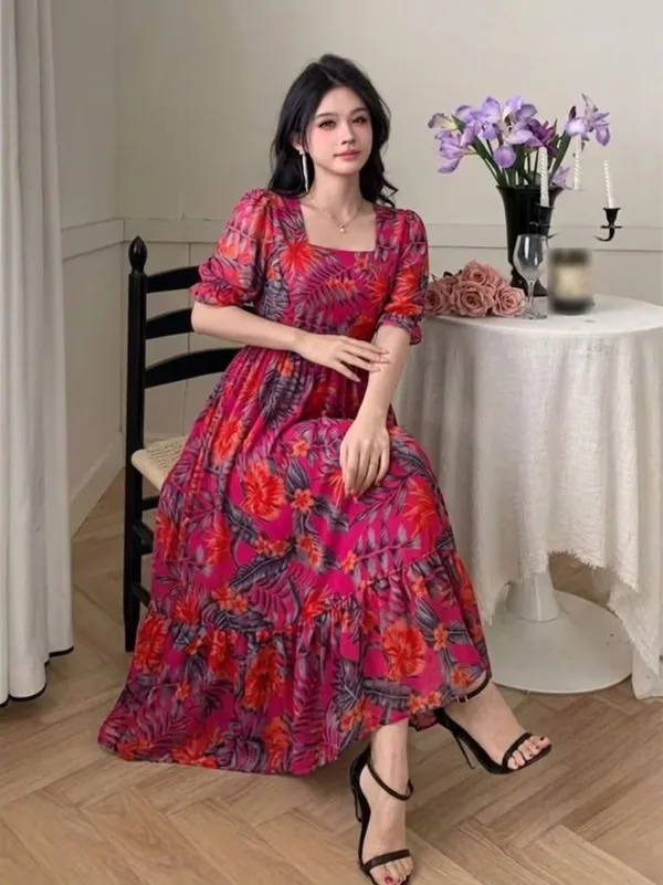 Vibrant_Floral_Print_Puff_Sleeve_Midi_Dress_For_Women
