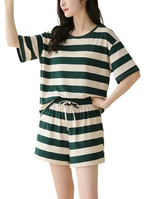Green_And_Beige_Striped_Cotton_Loungewear_Set_For_Women