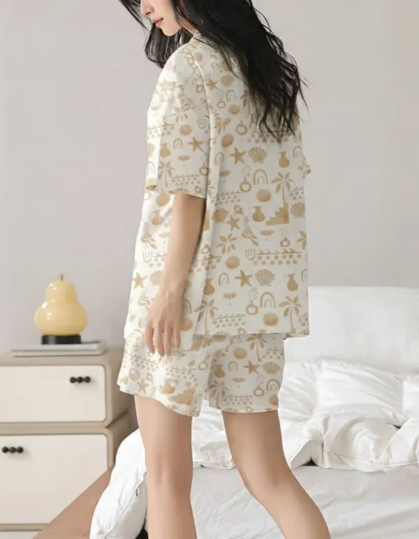 Womens_Beige_Printed_Short_Sleeve_Pajama_Set