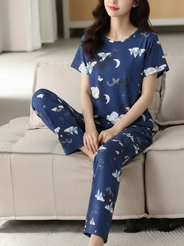 Womens_Navy_Blue_Cloud_&_Moon_Print_Cotton_Pajama_Set_-_Comfortable_Sleepwear