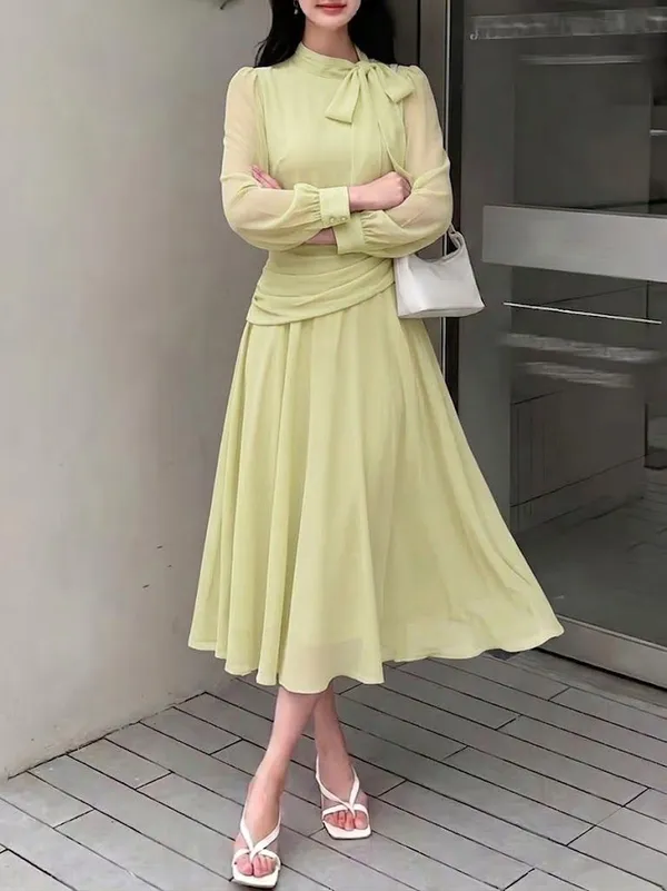 Womens_Yellow_Long_Sleeve_Dress_With_Bow_Neck_Detail