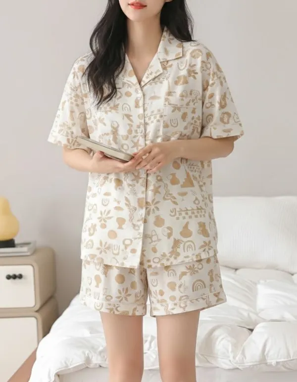 Womens_Beige_Printed_Short_Sleeve_Pajama_Set